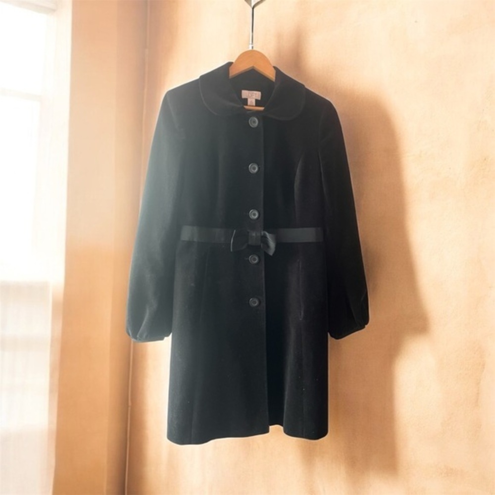 LOFT Black Velvet Coat Women’s 4 Bow Waist Ribbon Trim Vintage Holiday Classic